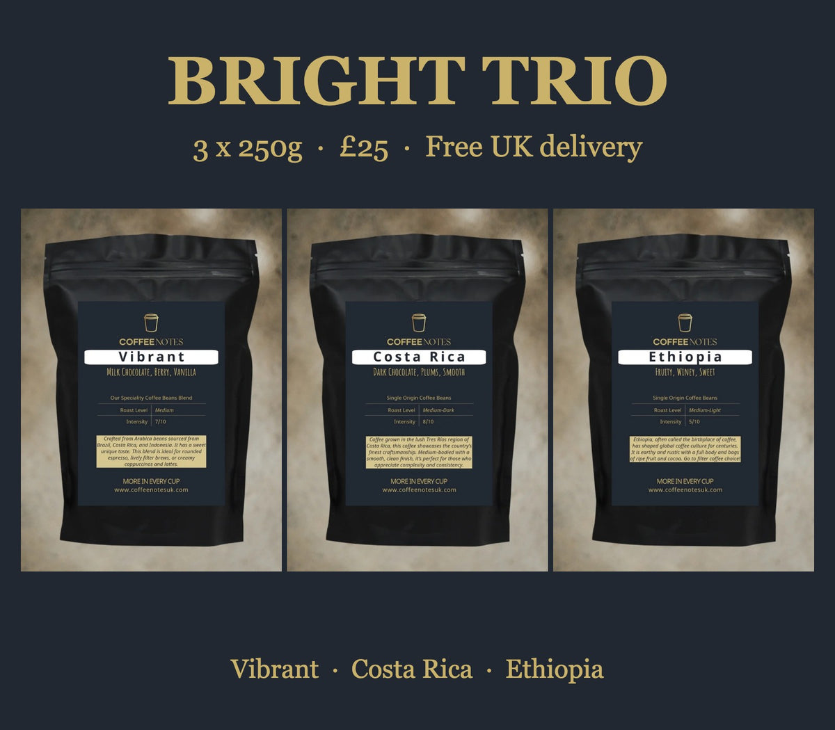 Bright Trio: Vibrant, Costa Rica and Ethiopia coffee, 3 x 250g for £25