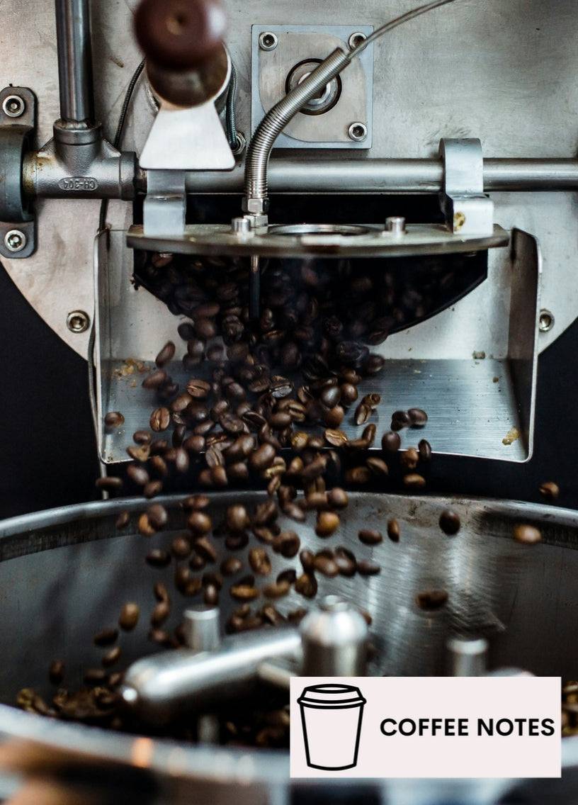 Freshly roasted coffee beans pouring from a roasting machine, showcasing the quality and freshness of Coffee Notes Blend. A signature house blend with premium origins.