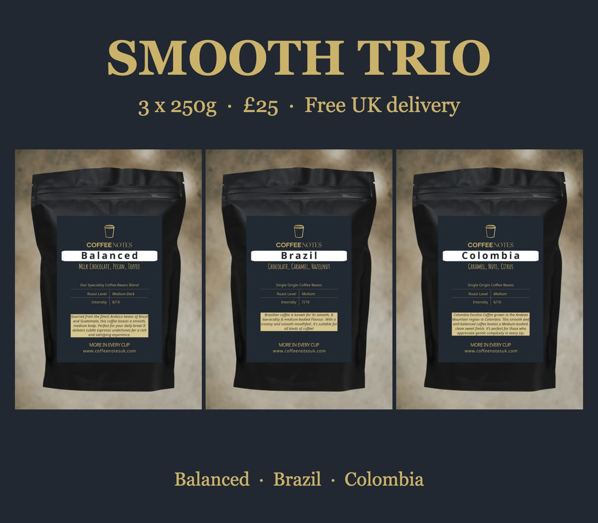 Smooth Trio: Balanced, Brazil and Colombia coffee, 3 x 250g for £25